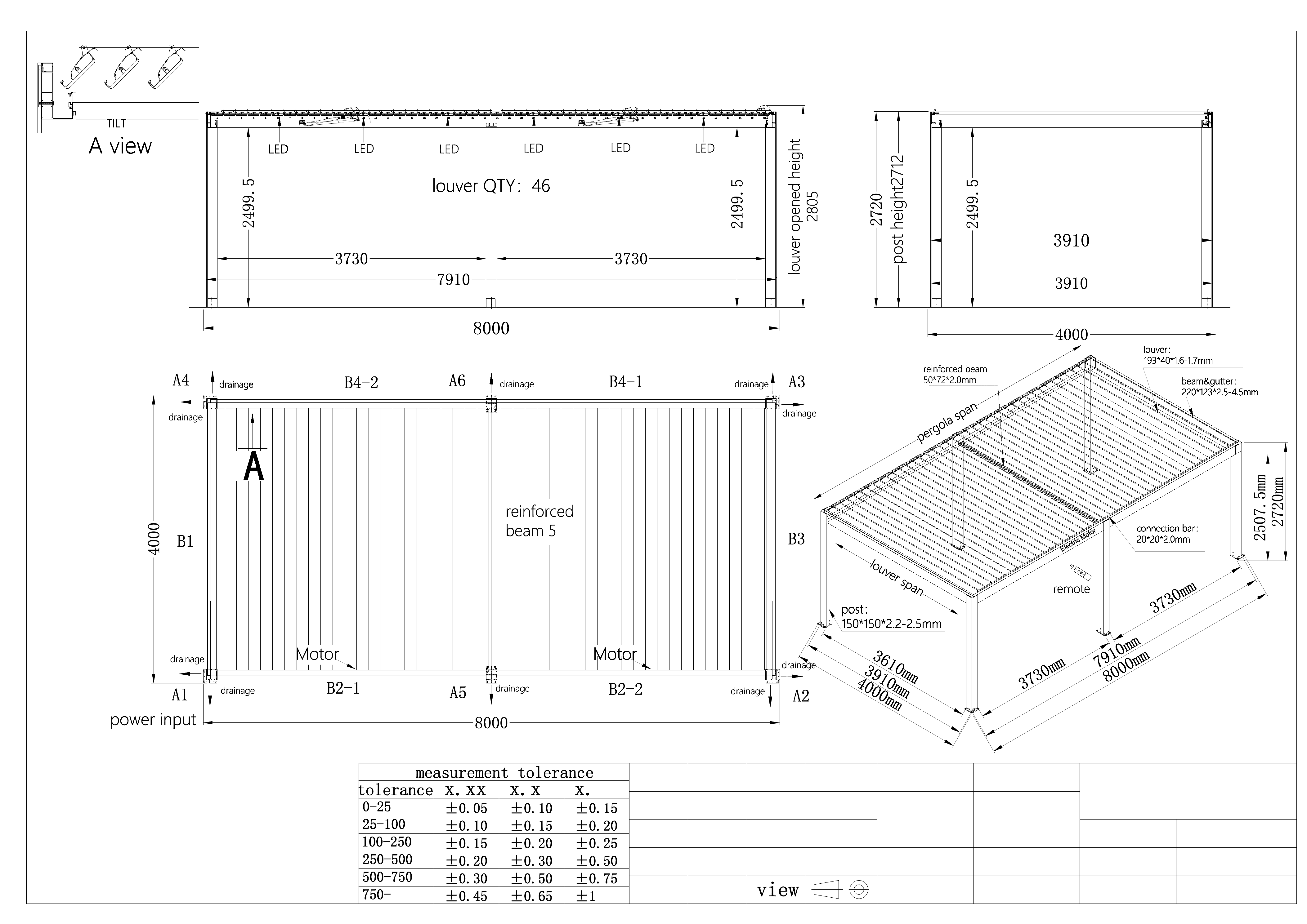 CAD drawing of the freestanding BRUDA B10 4 × 8 m pergola