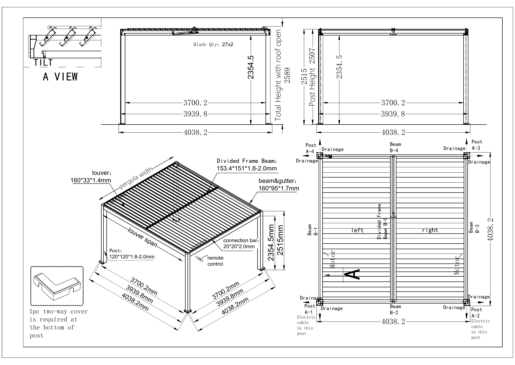 CAD drawing of the freestanding BRUDA B4 4 × 4 m pergola
