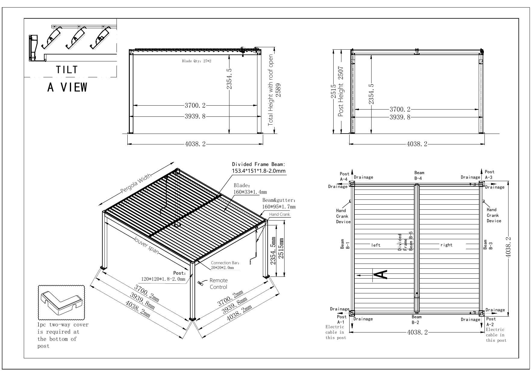 CAD drawing of the freestanding BRUDA BM 4 × 4 m pergola