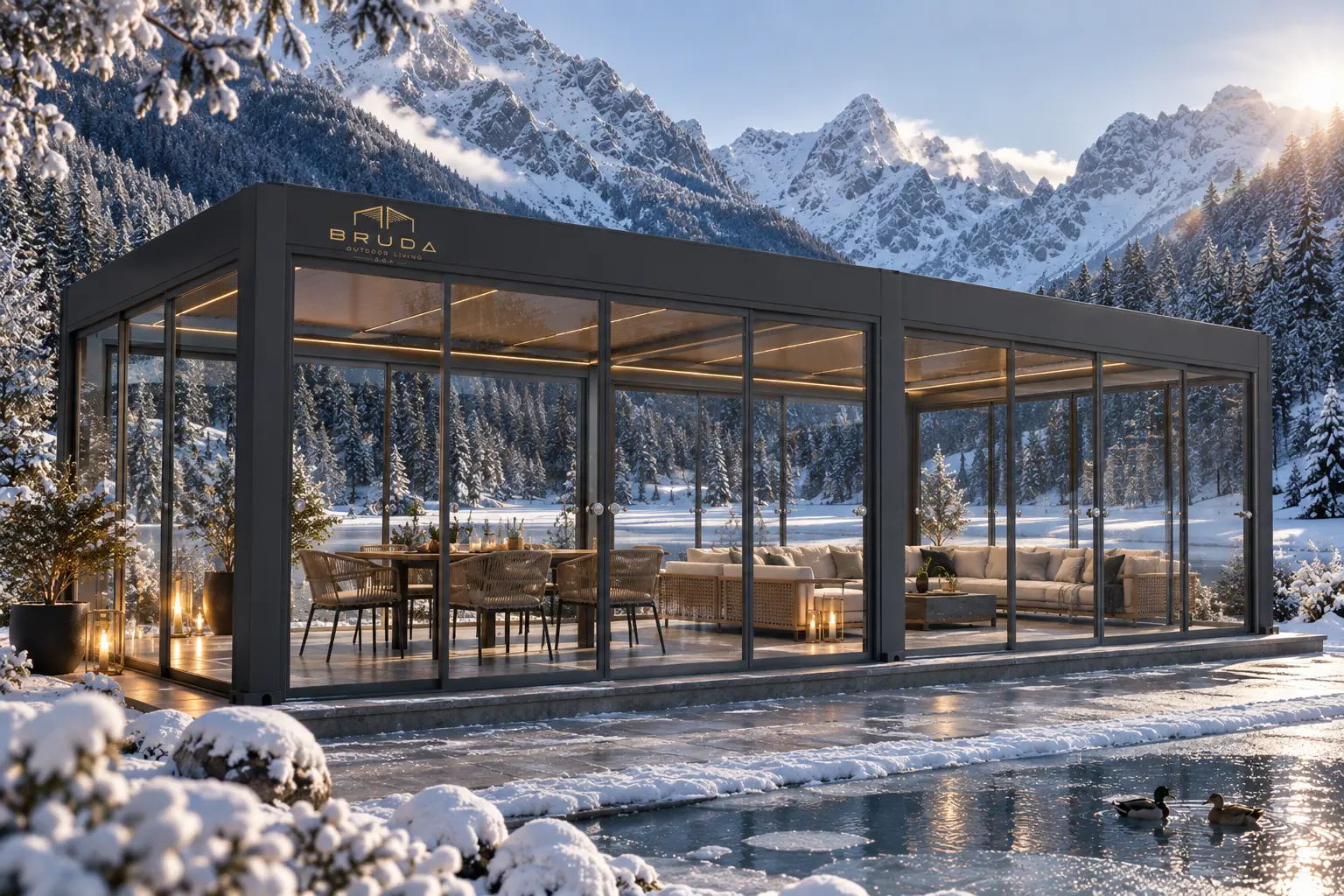 BRUDA pergola with frameless BRUDA Tara Glass Doors in an Alpine setting