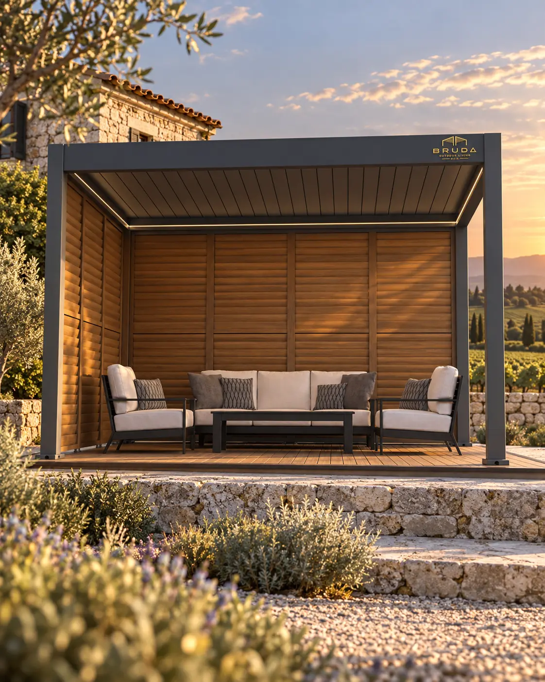BRUDA Stella aluminium walls with Teak louvres in a Karst setting