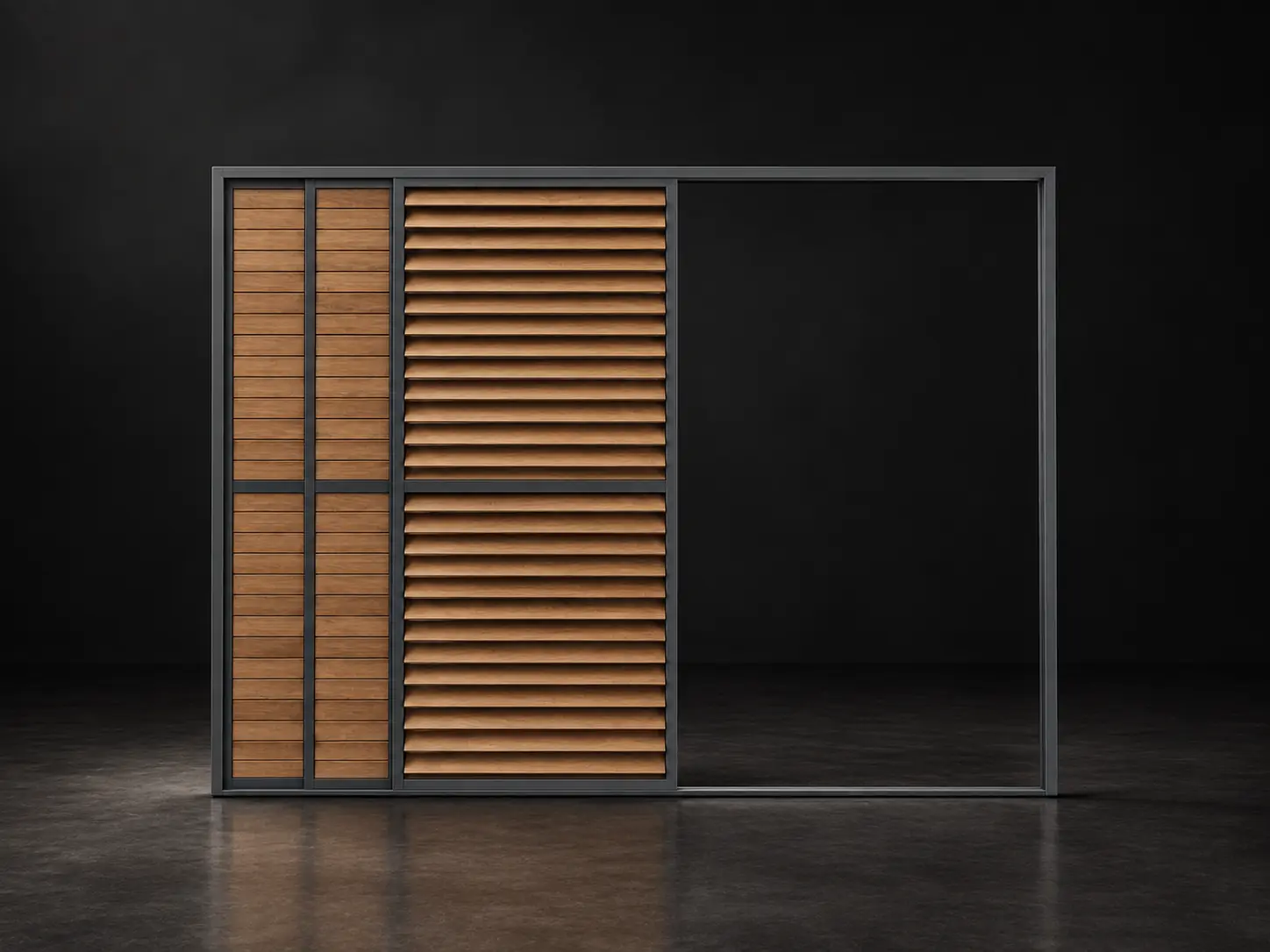 BRUDA Stella Slide Pro with open Teak louvres and an open passage through the sliding system