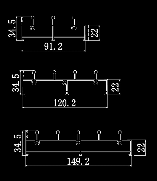 Technical sections of BRUDA Tara Glass Doors three-, four- and five-track systems with unchanged dimensions